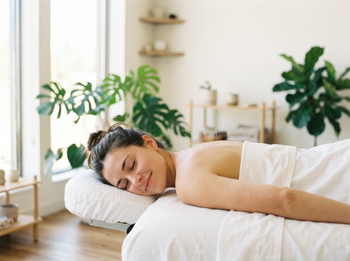 Pessoa relaxada durante uma sessão de acupuntura, em uma sala clara com plantas