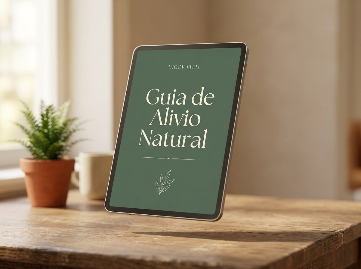 O Guia de Alívio Natural aberto num tablet, sobre uma mesa de madeira